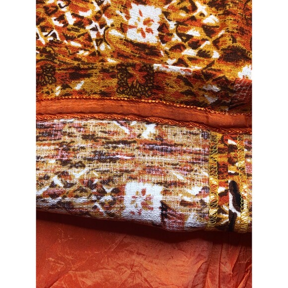 1990s ISAAC MIZRAHI Orange & Brown Island Tiki Print Faux Wrap Mini Skirt. S - Picture 8 of 10